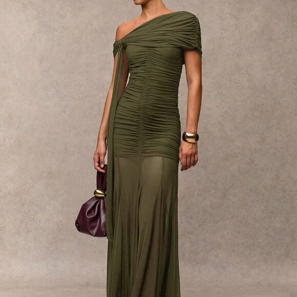Army Green Elegant Women's Ruched Asymmetric Dress - Picture 7 of 8